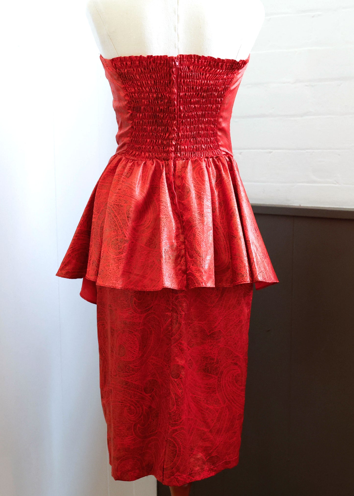 1980's Arc Red Strapless Dress with Peplum