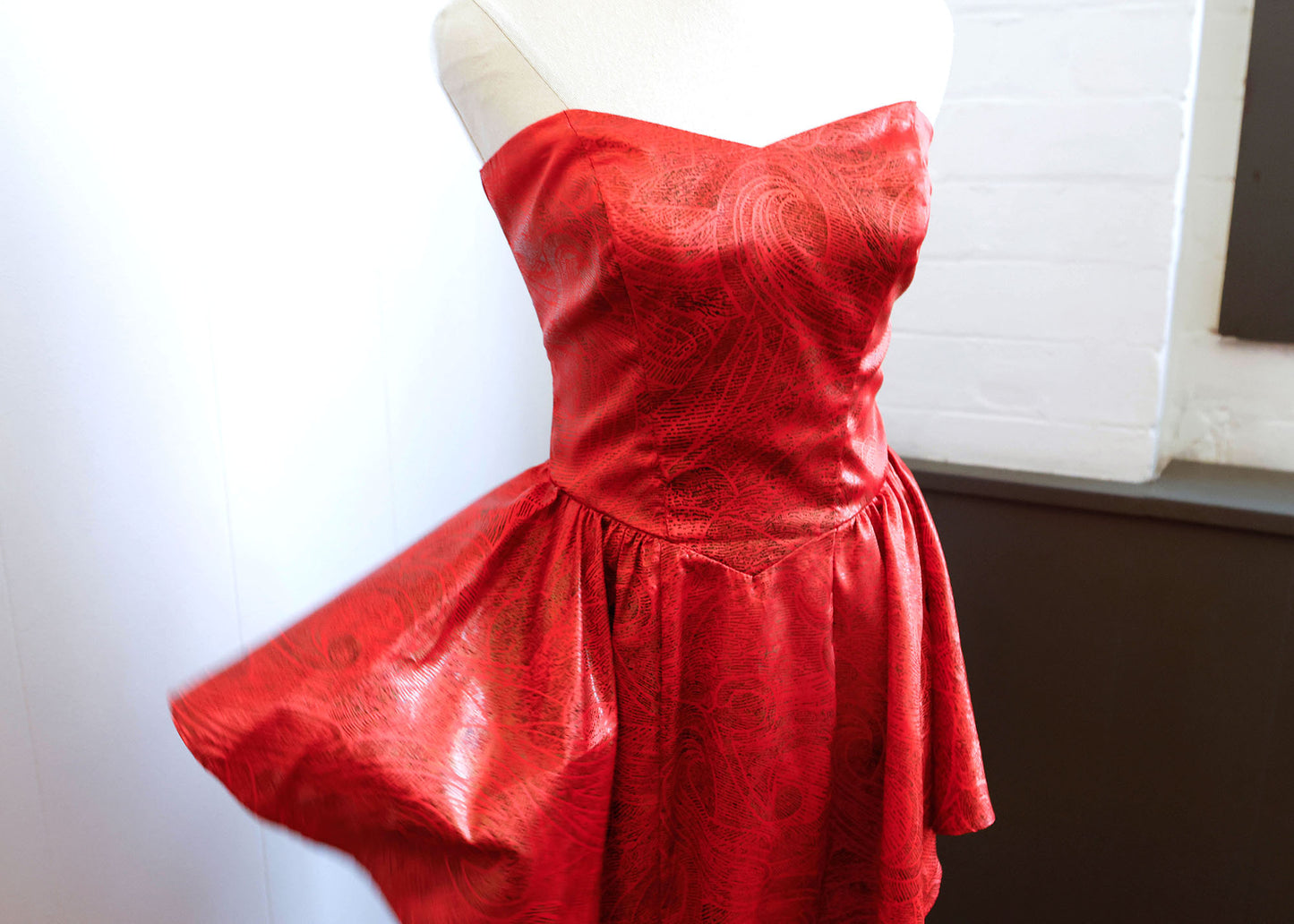 1980's Arc Red Strapless Dress with Peplum