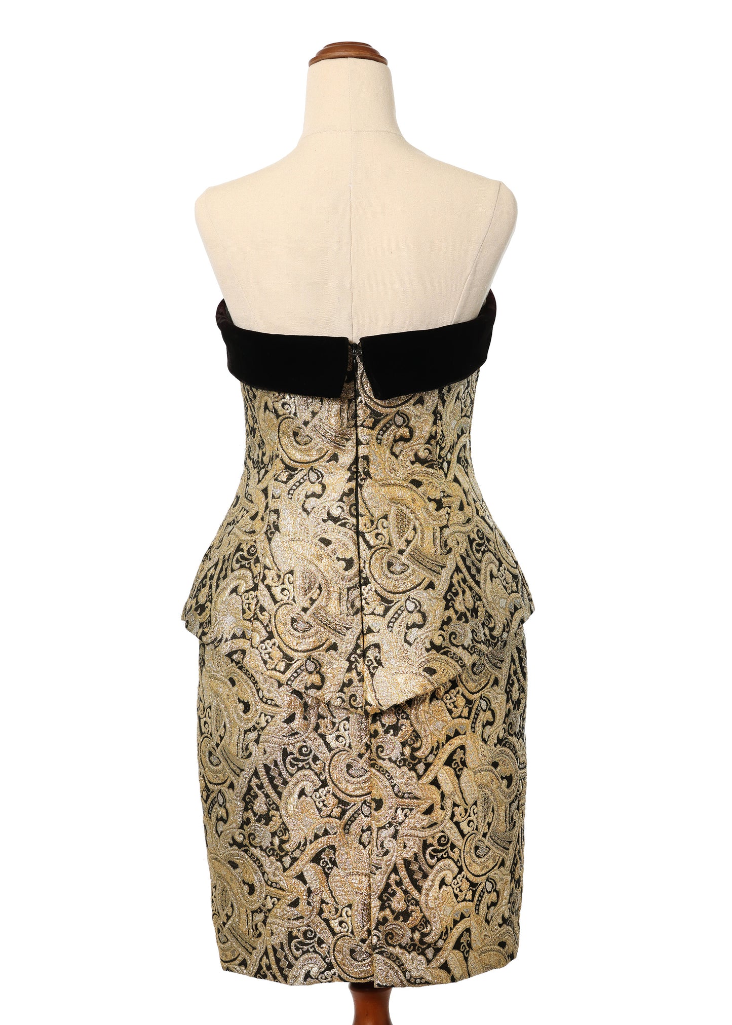 1990's After Five Gold & Black Brocade Strapless Tux Dress