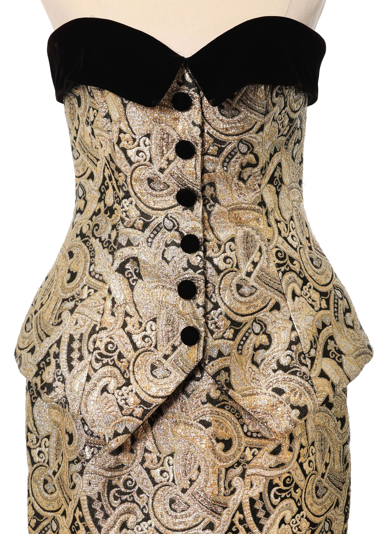 1990's After Five Gold & Black Brocade Strapless Tux Dress