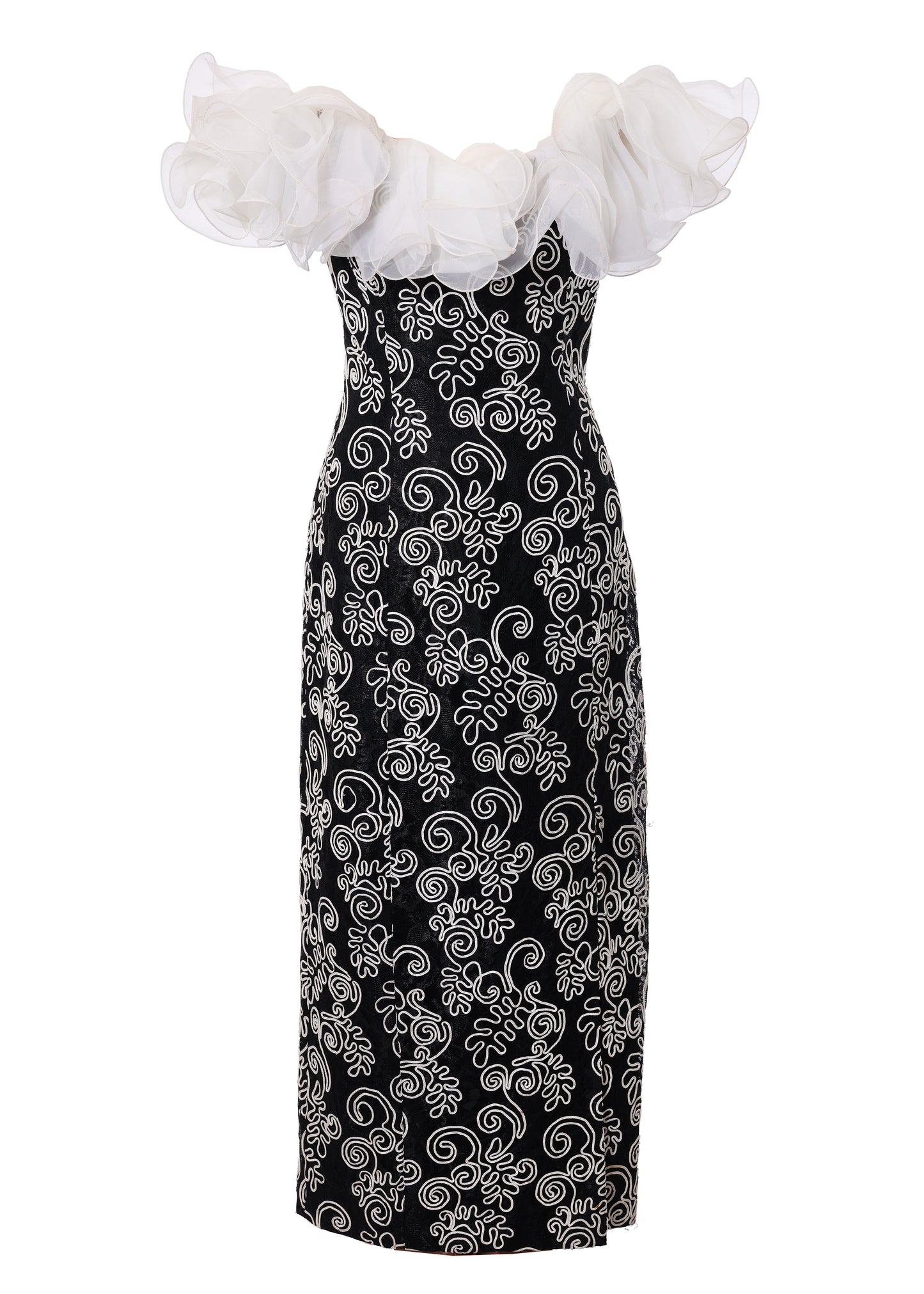 1980's Tadashi for Lillie Rubin Origami Ruffled Black & White Party Dress