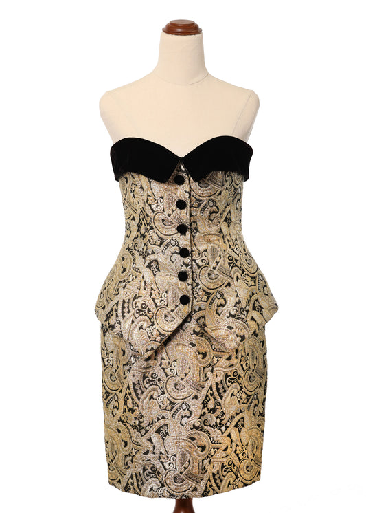 1990's After Five Gold & Black Brocade Strapless Tux Dress