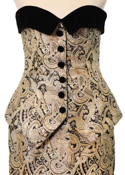 1990's After Five Gold & Black Brocade Strapless Tux Dress