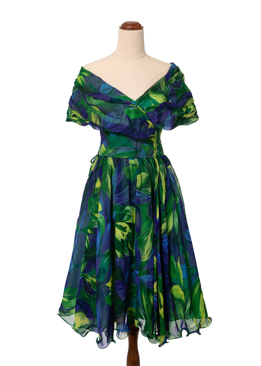 1970's En-Ka Green & Blue Floral Dress