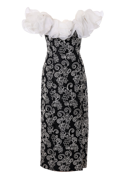 1980's Tadashi for Lillie Rubin Origami Ruffled Black & White Party Dress
